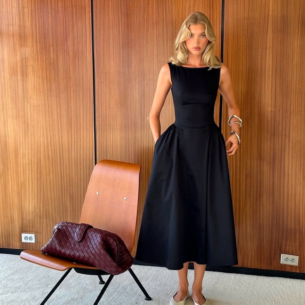 Helsa Stretch Cotton Sateen Midi Dress in Black